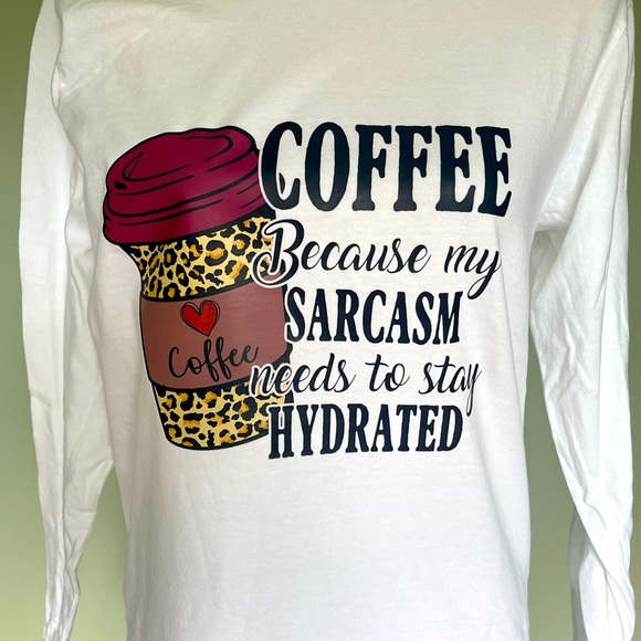 New Coffee & Sarcasm White Leopard Long Sleeve Cotton T-Shirt - Picture 2 of 3